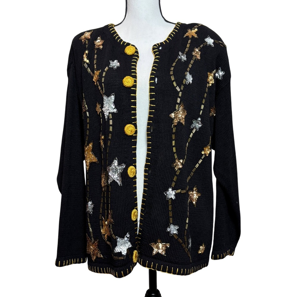 Vintage Celestial Cardigan Women L Black Sequin Star Embellished Holiday Sweater
